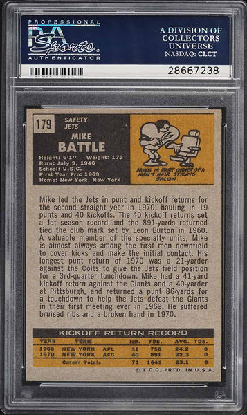 1971 Topps FB Card #179 Mike Battle New York Jets ROOKIE RC PSA 8 NM-MT (MGD2)