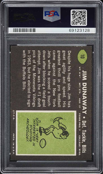 1969 Topps FB Card # 10 Jim Dunaway Buffalo Bills PSA 8 NM-MT (MGD2)