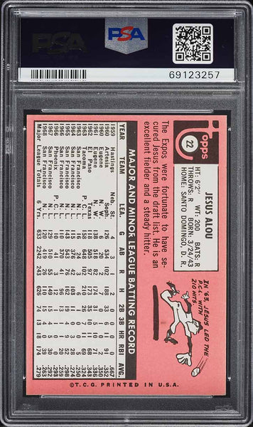 1969 Topps BB Card # 22 Jesus Alou Montreal Expos PSA 8 NM-MT (MGD2)