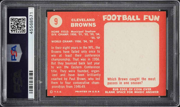 1958 Topps FB Card # 9 Cleveland Browns TEAM CARD PSA 7 NRMT (MGD2)