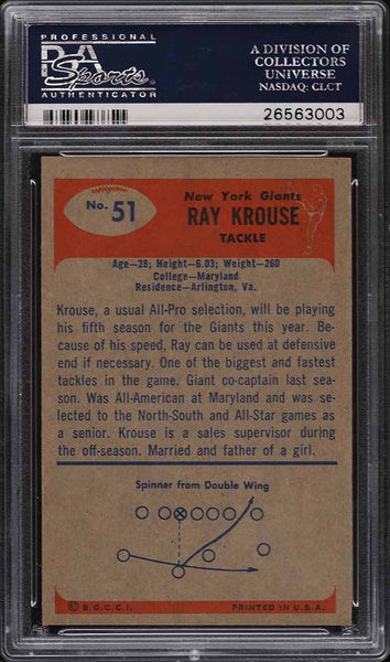 1955 Bowman FB Card # 51 Ray Krouse New York Giants ROOKIE RC PSA 8 NM-MT (MGD2)