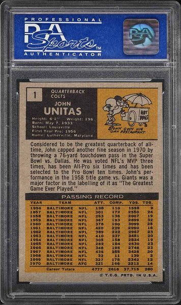 1971 Topps FB Card # 1 Johnny Unitas HOF PSA 7 NRMT (MGD2)