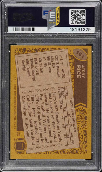 1986 Topps FB Card #161 Jerry Rice ROOKIE RC HOF PSA 8 NM-MT PWCC-E (MGD3)