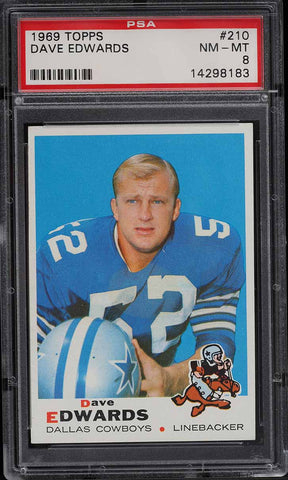 1969 Topps FB Card #210 Dave Edwards Dallas Cowboys ROOKIE RC PSA 8 NM-MT (MGD2)