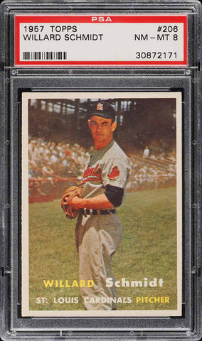 1957 Topps BB Card #206 Willard Schmidt St. Louis Cardinals PSA 8 NM-MT (MGD2)