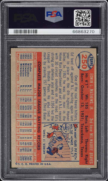 1957 Topps BB Card #250 Eddie Mathews Milwaukee Braves HOF PSA 7 NRMT (MGD2)