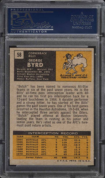 1971 Topps FB Card # 58 George Butch Byrd Buffalo Bills PSA 8 NM-MT (MGD2)