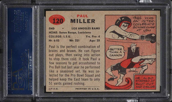 1957 Topps FB Card #120 Paul Miller Los Angeles Rams ROOKIE RC PSA 7 NRMT (MGD2)