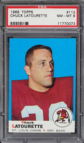 1969 Topps FB Card #112 Chuck Latourette Cardinals ROOKIE RC PSA 8 NM-MT (MGD2)