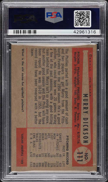 1954 Bowman BB Card #111 Murry Dickson Philadelphia Phillies PSA 8 NM-MT (MGD2)