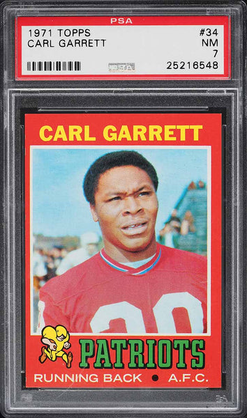 1971 Topps FB Card # 34 Carl Garrett New England Patriots ROOKIE RC PSA 7 NRMT (MGD2)