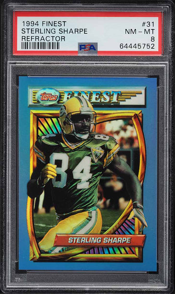 1994 Finest FB Card # 31 Sterling Sharpe Packers HOF REFRACTOR PSA 8 NM-MT (MGD2)