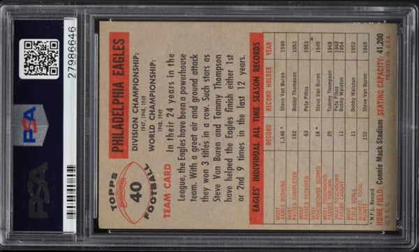 1956 Topps FB Card # 40 Philadelphia Eagles TEAM CARD PSA 7 NRMT (MGD2)