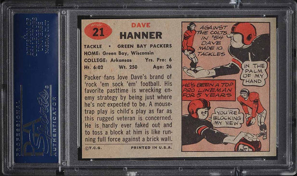 1957 Topps FB Card # 21 Dave Hanner Green Bay Packers HOF PSA 8 NM-MT (MGD2)