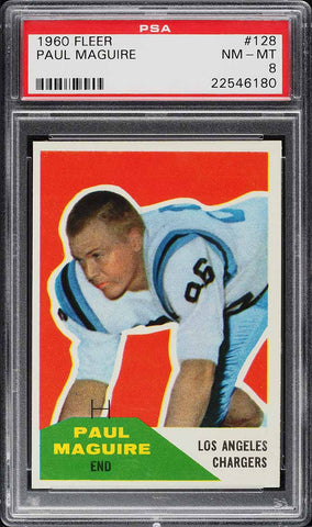 1960 Fleer FB Card #128 Paul Maguire Los Angeles Chargers ROOKIE RC PSA 8 NM-MT (MGD2)