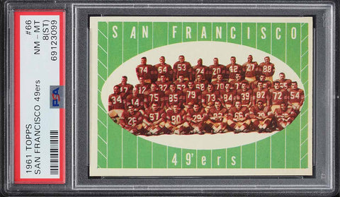 1961 Topps FB Card # 66 San Francisco 49ers TEAM CARD PSA 8(st) NM-MT (MGD2)