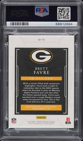 2016 National Treasures FB Card # 14 Brett Favre HOF ALL-PRO AUTO /10 PSA 9 MINT (MGD2)