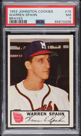 1953 Johnston Cookies BB Card # 10 Warren Spahn Braves Milwaukee HOF PSA 7 NRMT (MGD2)