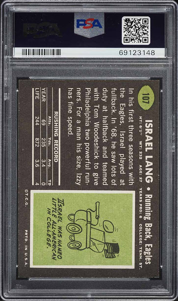 1969 Topps FB Card #107 Israel Lang Philadelphia Eagles ROOKIE RC PSA 8 NM-MT (MGD2)