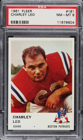 1961 Fleer FB Card #181 Charley Leo Boston Patriots ROOKIE RC PSA 8 NM-MT (MGD2)