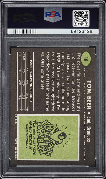 1969 Topps FB Card # 18 Tom Beer Denver Broncos PSA 8 NM-MT (MGD2)