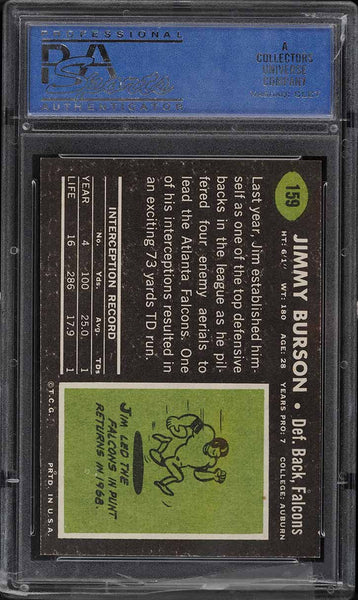 1969 Topps FB Card #159 Jim Burson Atlanta Falcons ROOKIE RC PSA 8 NM-MT (MGD2)