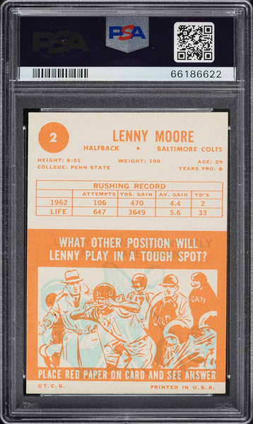 1963 Topps FB Card # 2 Lenny Moore Baltimore Colts HOF PSA 7 NRMT (MGD2)