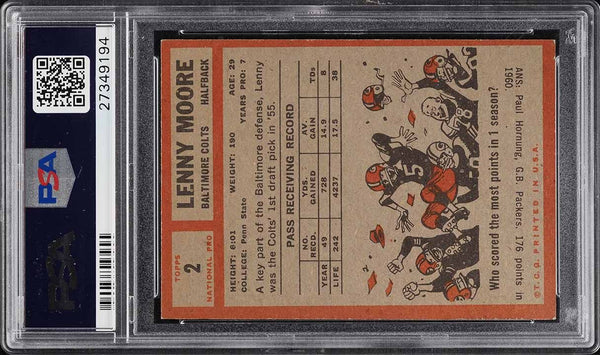 1962 Topps FB Card # 2 Lenny Moore Baltimore Colts HOF PSA 7 NRMT (MGD2)