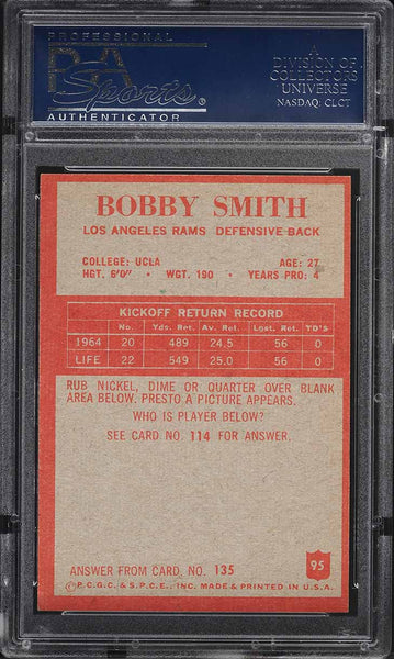 1965 Philadelphia FB Card # 95 Bobby Smith LA Rams ROOKIE RC PSA 8 NM-MT (MGD2)