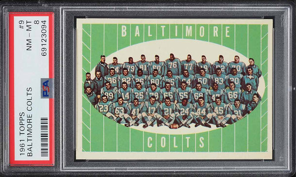 1961 Topps FB Card # 9 Baltimore Colts TEAM CARD PSA 8 NM-MT (MGD2)