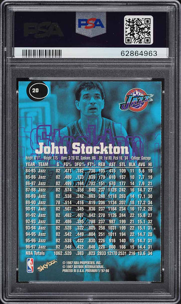 1997 Skybox Premium BkB Card # 20 John Stockton Utah Jazz HOF PSA 9 MINT (MGD2)