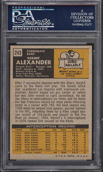 1971 Topps FB Card #243 Kermit Alexander Los Angeles Rams PSA 8 NM-MT (MGD2)