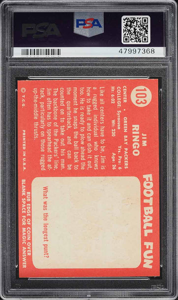 1958 Topps FB Card #103 Jim Ringo Green Bay Packers HOF PSA 7 NRMT (MGD2)