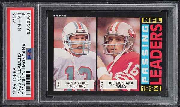 1985 Topps FB Card #192 Dan Marino, Joe Montana PASSING LDRS PSA 8 NM-MT (MGD2)