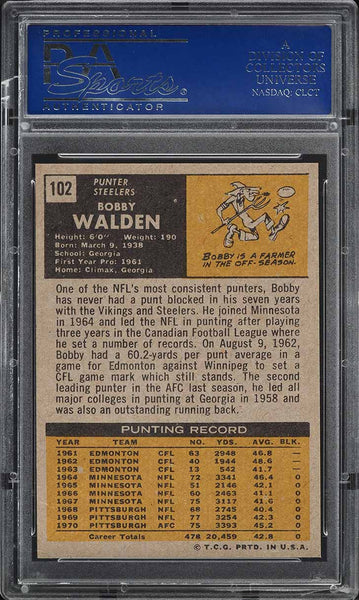 1971 Topps FB Card #102 Bobby Walden Pittsburgh Steelers PSA 8 NM-MT (MGD2)