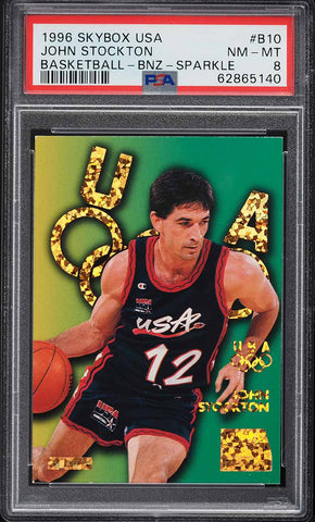 1996 Skybox USA BkB Card #B10 Bronze Sparkle John Stockton HOF PSA 8 NM-MT (MGD2)
