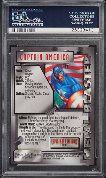 1995 Marvel Metal Card # 2 Captain America METAL BLASTER PSA 10 GEM MINT (MGD2)