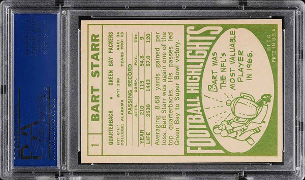 1968 Topps FB Card # 1 Bart Starr Green Bay Packers HOF PSA 8 NM-MT (MGD2)