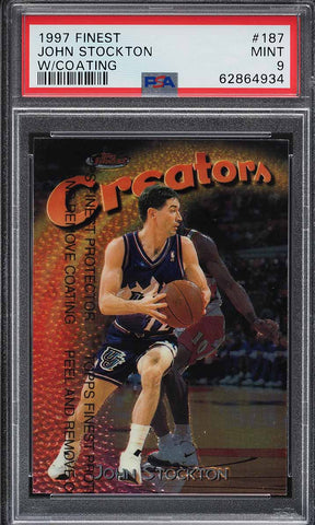 1997 Finest BkB Card #187 John Stockton Utah Jazz HOF W/Coating PSA 9 MINT (MGD2)