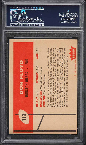 1960 Fleer FB Card #113 Don Floyd Houston Oilers ROOKIE RC PSA 8 NM-MT (MGD2)