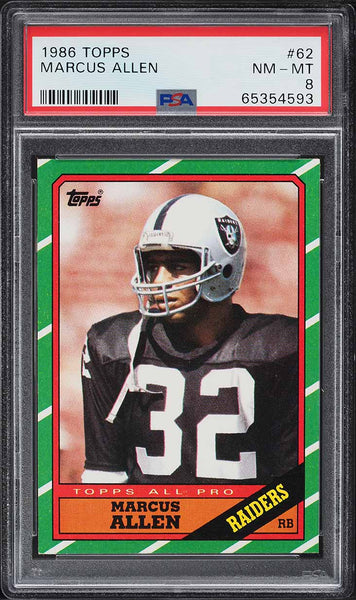 1986 Topps FB Card # 62 Marcus Allen ALL-PRO HOF PSA 8 NM-MT (MGD2)