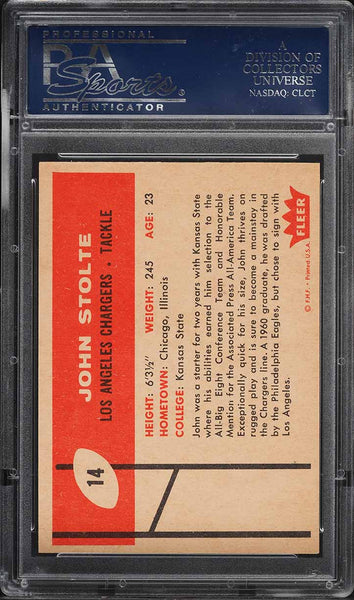 1960 Fleer FB Card # 14 John Stolte Los Angeles Chargers ROOKIE RC PSA 8 NM-MT (MGD2)