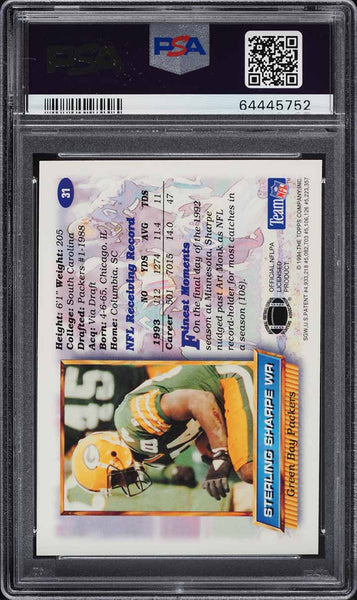 1994 Finest FB Card # 31 Sterling Sharpe Packers HOF REFRACTOR PSA 8 NM-MT (MGD2)