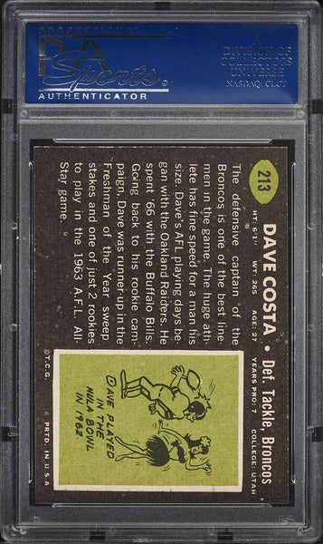 1969 Topps FB Card #213 Dave Costa Denver Broncos PSA 8 NM-MT (MGD2)