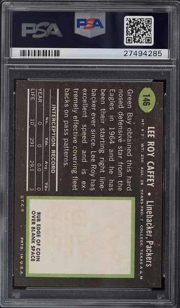 1969 Topps FB Card #146 Lee Roy Caffey Green Bay Packers HOF PSA 8.5 NM-MT+ (MGD2)