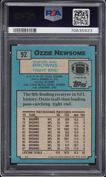 1988 Topps FB Card # 92 Ozzie Newsome Cleveland Browns HOF PSA 9 MINT (MGD2)