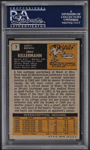 1971 Topps FB Card # 7 Ernie Kellerman Cleveland Browns PSA 8 NM-MT (MGD2)