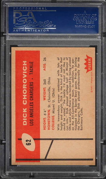 1960 Fleer FB Card # 62 Dick Chorovich Los Angeles Chargers ROOKIE RC PSA 8 (MGD2)