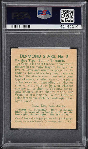 1935 Diamond Stars BB Card # 8 Joe Vosmik Cleveland Indians PSA 4 VGEX (MGD2)