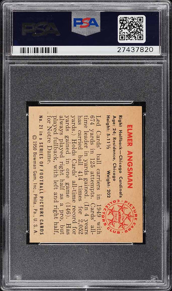 1950 Bowman FB Card # 21 Elmer Angsman Chicago Cardinals PSA 8 NM-MT (MGD2)